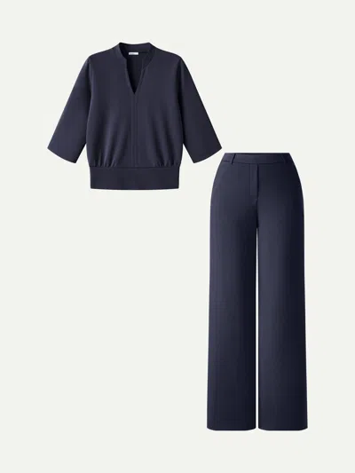 Oglmove 2pcs Set V-neck Elbow Sleeve Top & High-rise Wide Leg Pants With Pockets In Smoky Navy