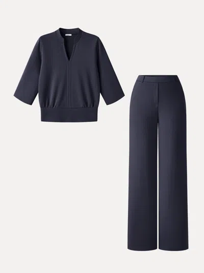 Oglmove 2pcs Set V-neck Elbow Sleeve Top & High-rise Wide Leg Pants With Pockets In Universe Navy