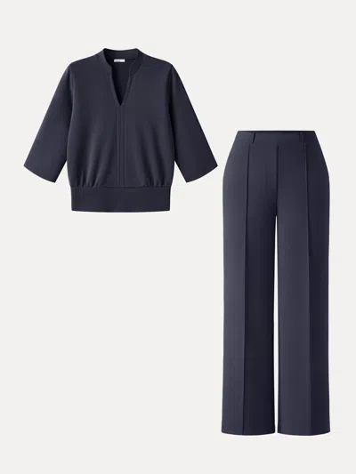Oglmove 2pcs Set V-neck Elbow Sleeve Top & Mid Rise Straight Leg Pants With Pockets In Gray