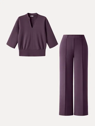 Oglmove 2pcs Set V-neck Elbow Sleeve Top & Mid Rise Straight Leg Pants With Pockets In Purple