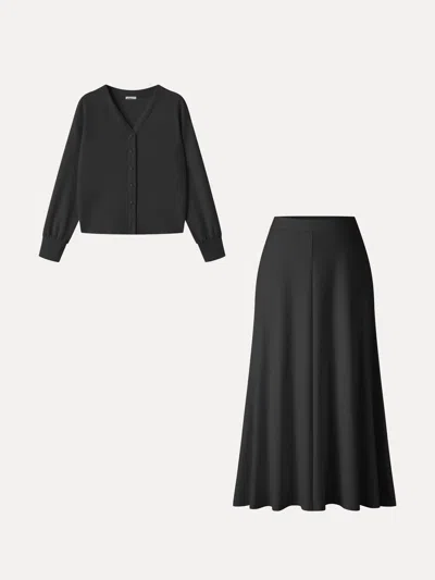 Oglmove 2pcs Set V-neck Long Sleeve Cardigan & Knit High-rise Umbrella Midi Skirt With Pockets In Black