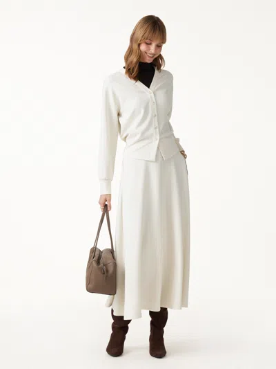 Oglmove 2pcs Set V-neck Long Sleeve Cardigan & Knit High-rise Umbrella Midi Skirt With Pockets In Off White