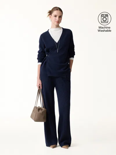 Oglmove 2pcs Set V-neck Long Sleeve Wrap Sweater & Cable-knit Wide-leg Pants With Pockets In Blue