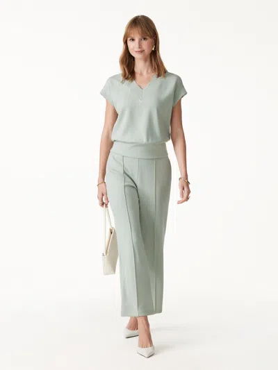 Oglmove 2pcs Set V-neck Short Sleeve Top & Cropped Straight-leg Pants With Pockets In Lily Green