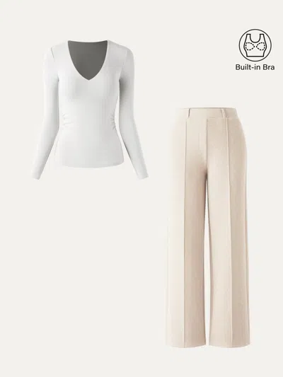 Oglmove 2pcs Set V-neck Side-tuck Bra Top & High Waisted Straigh Leg Pant In White/heather Beige