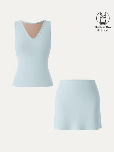 Oglmove 2pcs Set V-neck Sleeveless Bra Tank & A-line Mini Skirt With Built-in Shorts In Blue