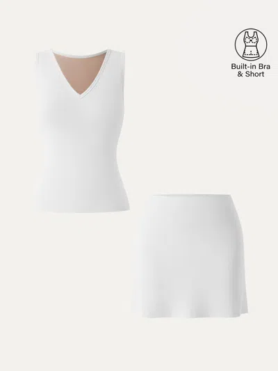 Oglmove 2pcs Set V-neck Sleeveless Bra Tank & A-line Mini Skirt With Built-in Shorts In White