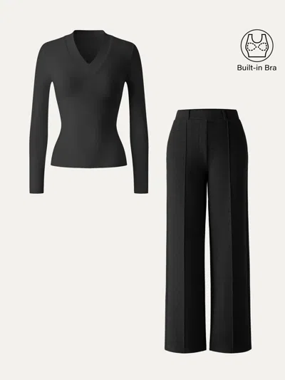 Oglmove 2pcs Set V-neck Slimming Brami Top & High Waisted Straigh Leg Pant In Black