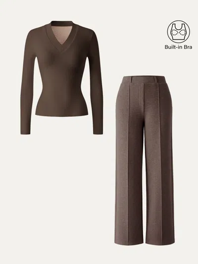 Oglmove 2pcs Set V-neck Slimming Brami Top & High Waisted Straigh Leg Pant In Espresso/chocolate Brown
