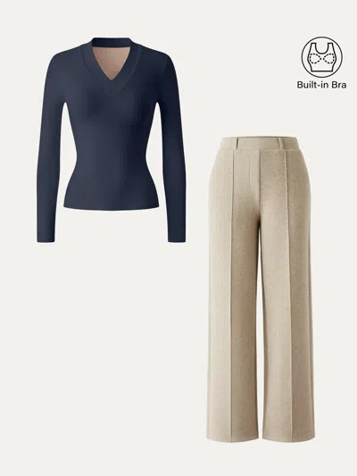 Oglmove 2pcs Set V-neck Slimming Brami Top & High Waisted Straigh Leg Pant In Navy/heather Morganite