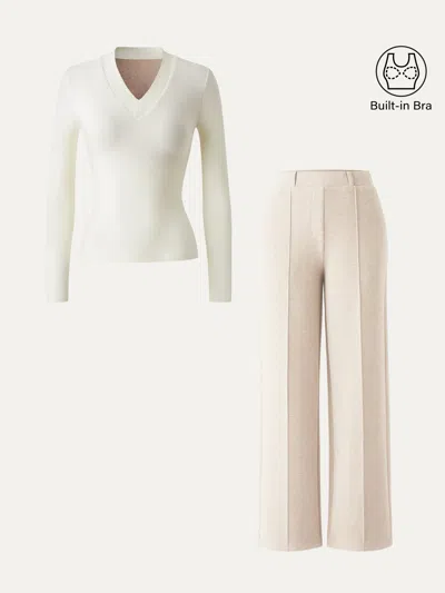 Oglmove 2pcs Set V-neck Slimming Brami Top & High Waisted Straigh Leg Pant In Off White/heather Beige