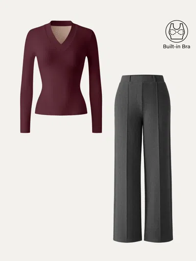 Oglmove 2pcs Set V-neck Slimming Brami Top & High Waisted Straigh Leg Pant In Ruby/deep Grey
