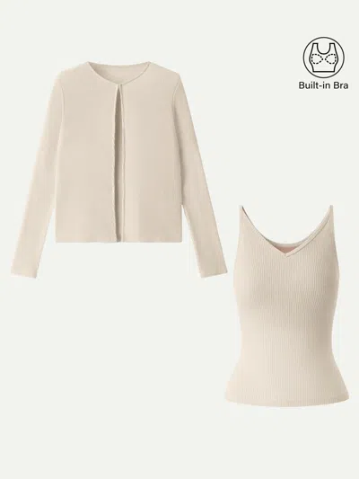 Oglmove 2pcs Set V-neck Spaghetti Bra Tank & Knit Relaxed Long Sleeve Cardigan