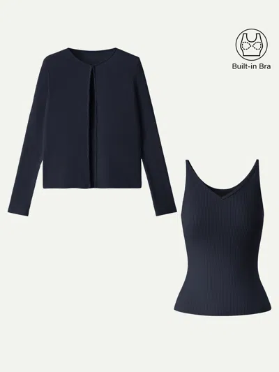 Oglmove 2pcs Set V-neck Spaghetti Bra Tank & Knit Relaxed Long Sleeve Cardigan In Black