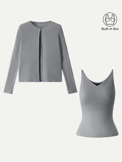Oglmove 2pcs Set V-neck Spaghetti Bra Tank & Knit Relaxed Long Sleeve Cardigan In Gray
