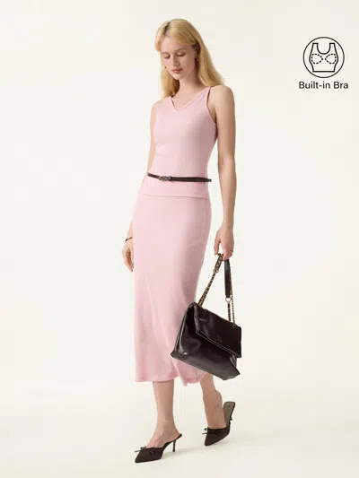 Oglmove 2pcs Set V-neck Spaghetti Bra Tank & Stretchy Ribbed Midi Flare Skirt