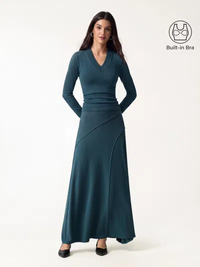 Oglmove 2pcs Set V-neck Wide Binding Bra Top & Drapey A-line Maxi Skirt In Forest Night