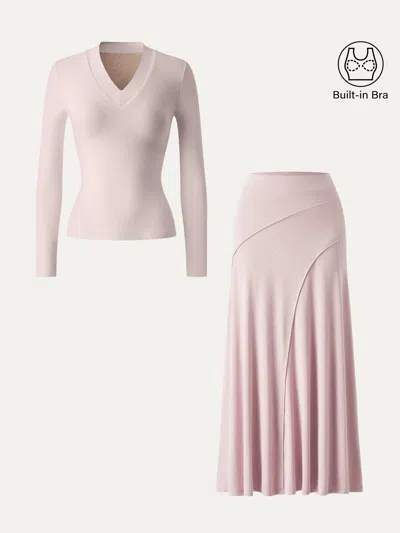 Oglmove 2pcs Set V-neck Wide Binding Bra Top & Drapey A-line Maxi Skirt In Powder Pink