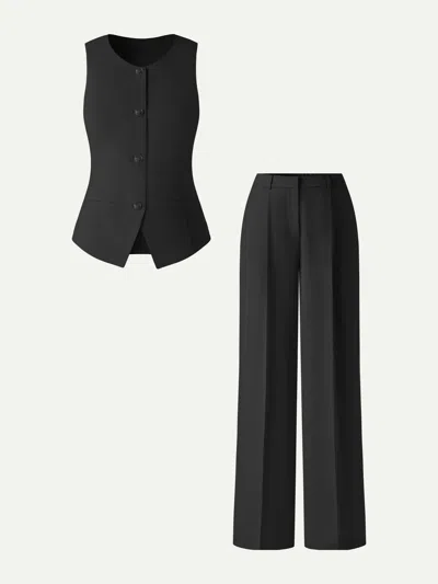 Oglmove 2pcs Set Waistcoat With Pockets & Wide Leg Pants In Black