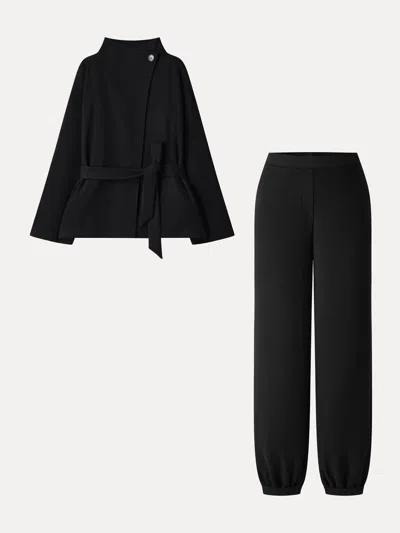 Oglmove 2pcs Set Waterfall Lapel Belted Jacket With Pockets & Mid-rise Balloon Pants With Pockets In Black