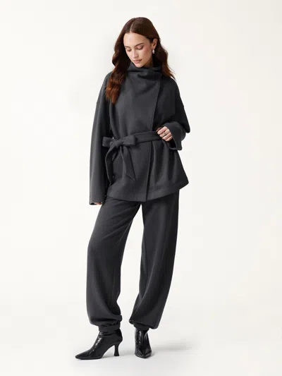 Oglmove 2pcs Set Waterfall Lapel Belted Jacket With Pockets & Mid-rise Balloon Pants With Pockets In Gray