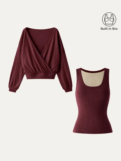 Oglmove 2pcs Set Wide U-neck Sleeveless Bra Top & Crossover Long Sleeve Banded Hem Top In Ancora