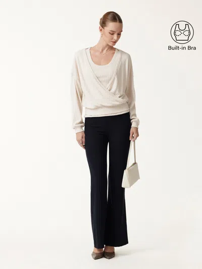 Oglmove 2pcs Set Wide U-neck Sleeveless Bra Top & Crossover Long Sleeve Banded Hem Top In Fog Ivory Beige