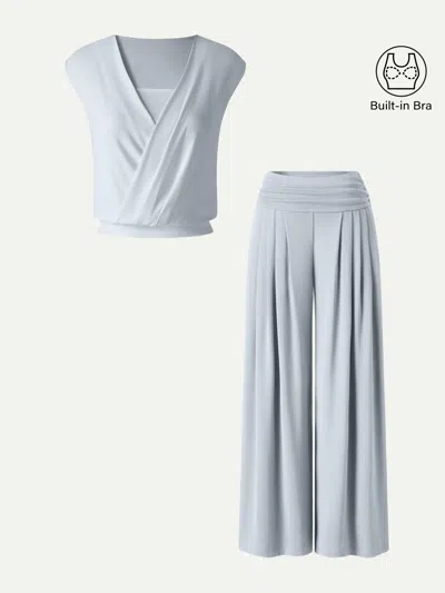 Oglmove 2pcs Set Wrap Bra Tank & Palazzo Pants With Pockets In Gray