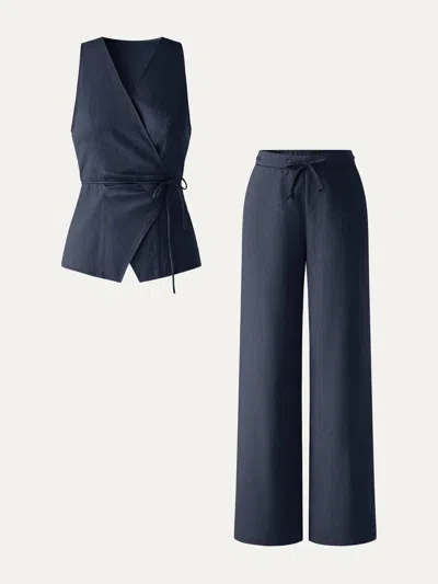 Oglmove 2pcs Set Wrap Top With Self-tie & Drawstring Wide Leg Pant With Pockets In Blue
