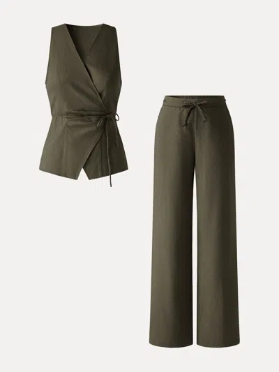 Oglmove 2pcs Set Wrap Top With Self-tie & Drawstring Wide Leg Pant With Pockets In Green