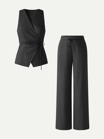 Oglmove 2pcs Set Wrap Top With Self-tie & Drawstring Wide Leg Pants With Pockets In Black