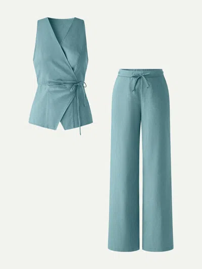 Oglmove 2pcs Set Wrap Top With Self-tie & Drawstring Wide Leg Pants With Pockets In Blue