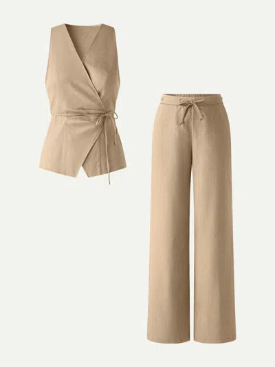 Oglmove 2pcs Set Wrap Top With Self-tie & Drawstring Wide Leg Pants With Pockets In Nude