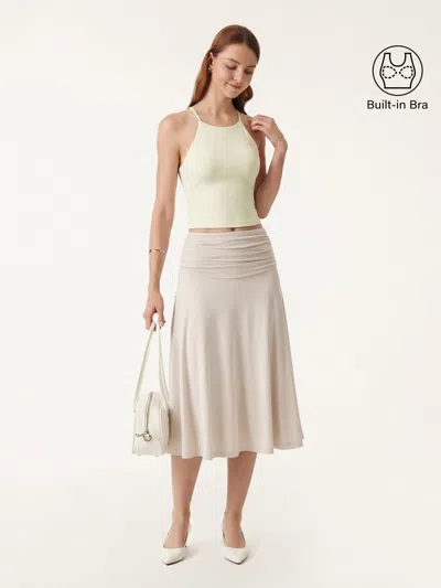 Oglmove 2pcs Tie Back Bandless Bra Tank & Side Ruched A-line Midi Skirt