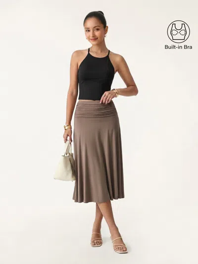 Oglmove 2pcs Tie Back Bandless Bra Tank & Side Ruched A-line Midi Skirt