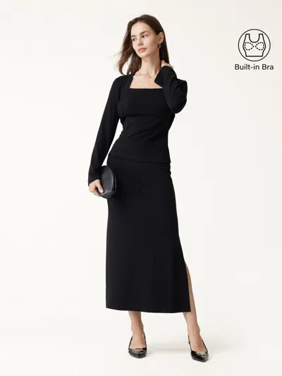 Oglmove 3pcs Set Cardigan & Bra Cami & Side-slit Column Midi Skirt In Black