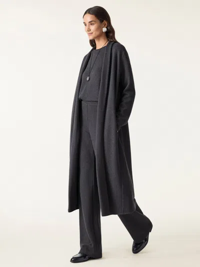 Oglmove 3pcs Set Long Sleeve Midi Cardigan With Pockets & Boatneck Long Sleeve Top & Wide-leg Pants With Poc In Black