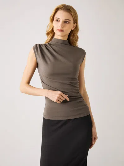 Oglmove Asymmetrical Ruching Mockneck Tank Top In Brown