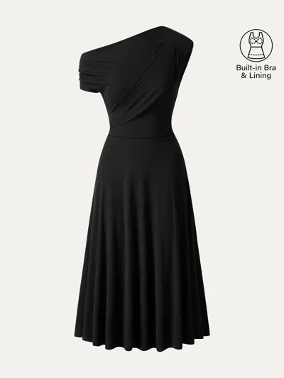 Oglmove Asymmetrical Shoulder Tucked Midi Bra Dress With Pockets In Black