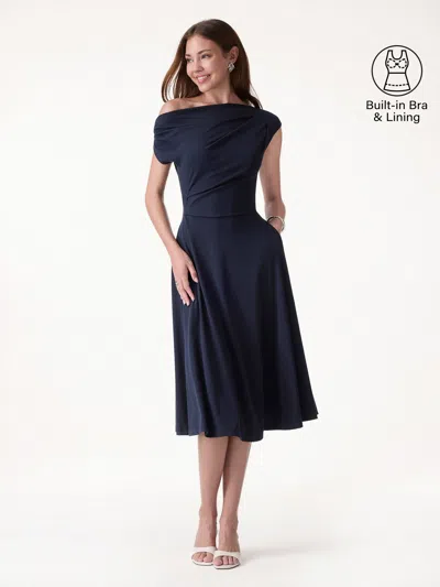 Oglmove Asymmetrical Shoulder Tucked Midi Bra Dress With Pockets In Blue