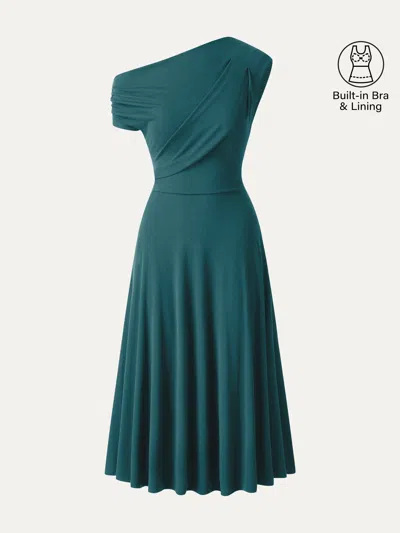 Oglmove Asymmetrical Shoulder Tucked Midi Bra Dress With Pockets In Blue