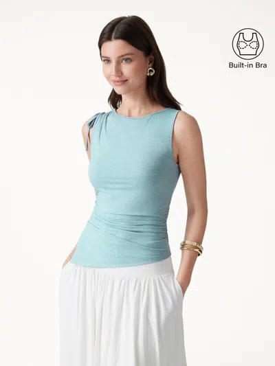 Oglmove Bamboo Heathered Boatneck Ruched Bra Top In Blue