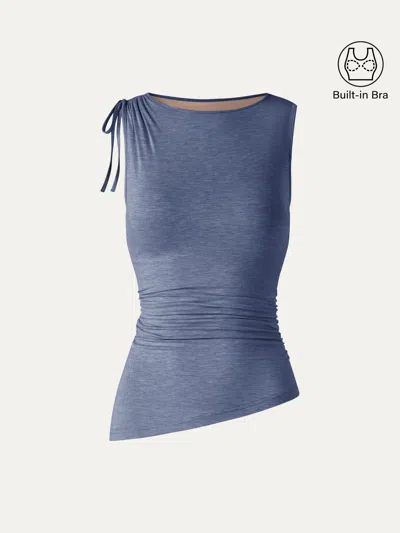 Oglmove Bamboo Heathered Boatneck Ruched Bra Top In Blue