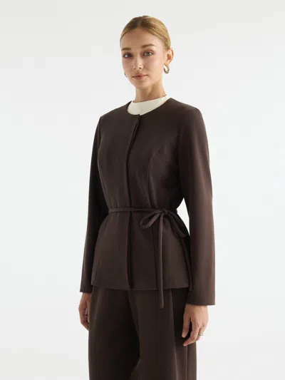 Oglmove Bamboo Piqué Round Neck Long Sleeve Belted Jacket With Pockets In Black Chocolate Brown