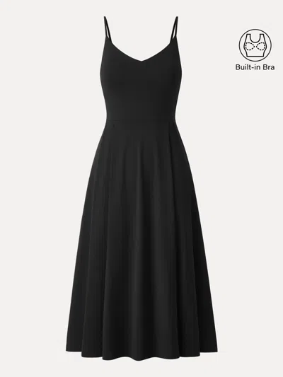 Oglmove Bamboo Ponte V-neck Fit-and-flare Midi Bra Sundress With Pockets In Black