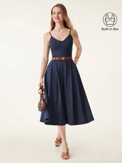 Oglmove Bamboo Ponte V-neck Fit-and-flare Midi Bra Sundress With Pockets In Blue