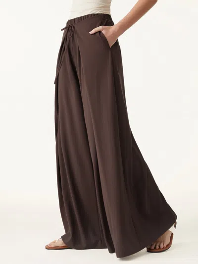Oglmove Bamboo Ponte Wrap-tie Palazzo Pants With Pockets In Brown
