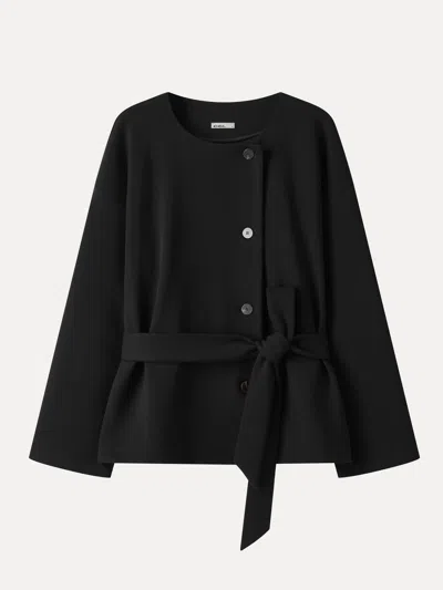 Oglmove Bamboo-blend Round Neck Long Sleeve Belted Jacket With Pockets In Black