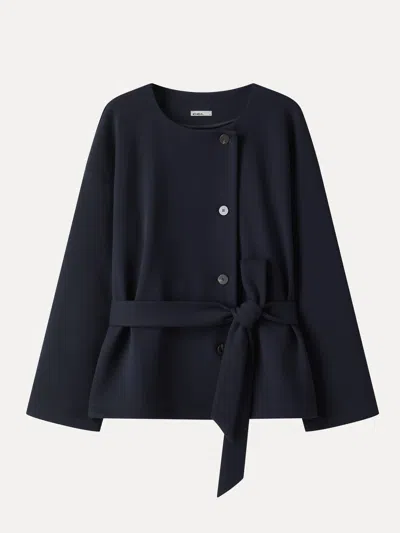 Oglmove Bamboo-blend Round Neck Long Sleeve Belted Jacket With Pockets In Blue