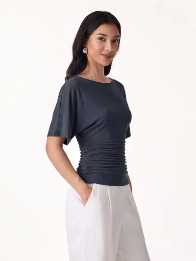 Oglmove Boatneck Batwing Sleeve Side Ruched Top In Deep Navy